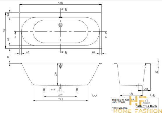 Ванна VILLEROY & BOCH OBERON 2.0 UBQ170OBR2DV-01, цвет белый