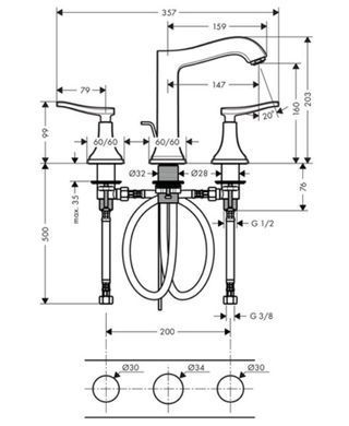 Змішувач для раковини HANSGROHE Metropol Classic на 3 отвори 160 хром, 31331000