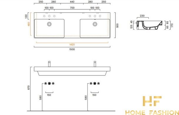 Подвійна раковина Catalano Zero без отвору під змішувач 150х50 White Glossy (0121520001)